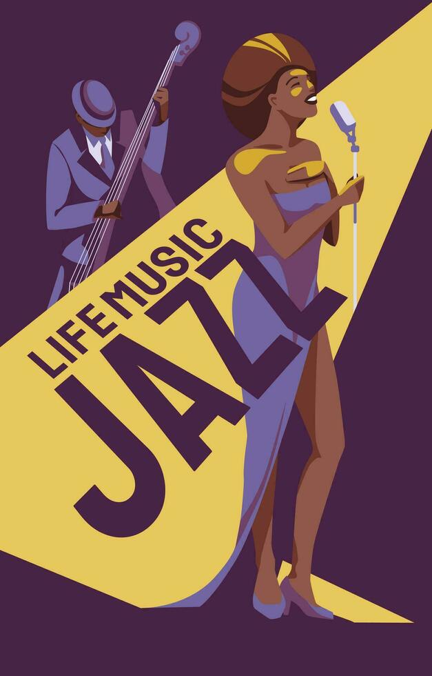 African American woman jazz and soul singer with double bassist on stage. Design for poster, flyer, festival vector