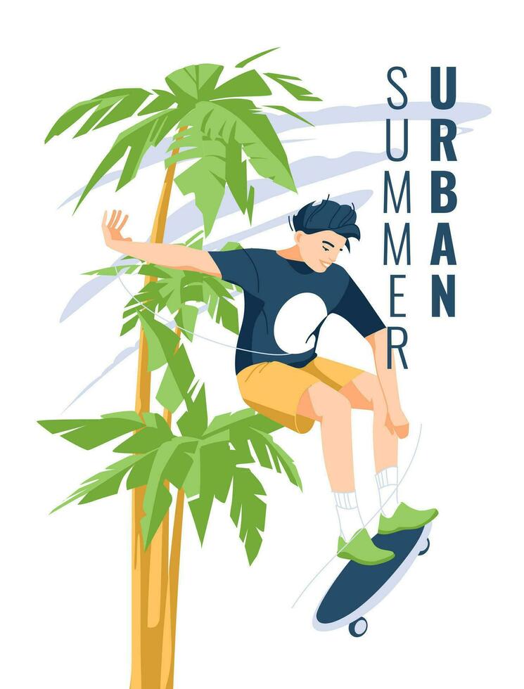 A young skateboarder does a trick and jumps high against a background of palm trees in the clouds. Isolated on white background. Flat vector illustration