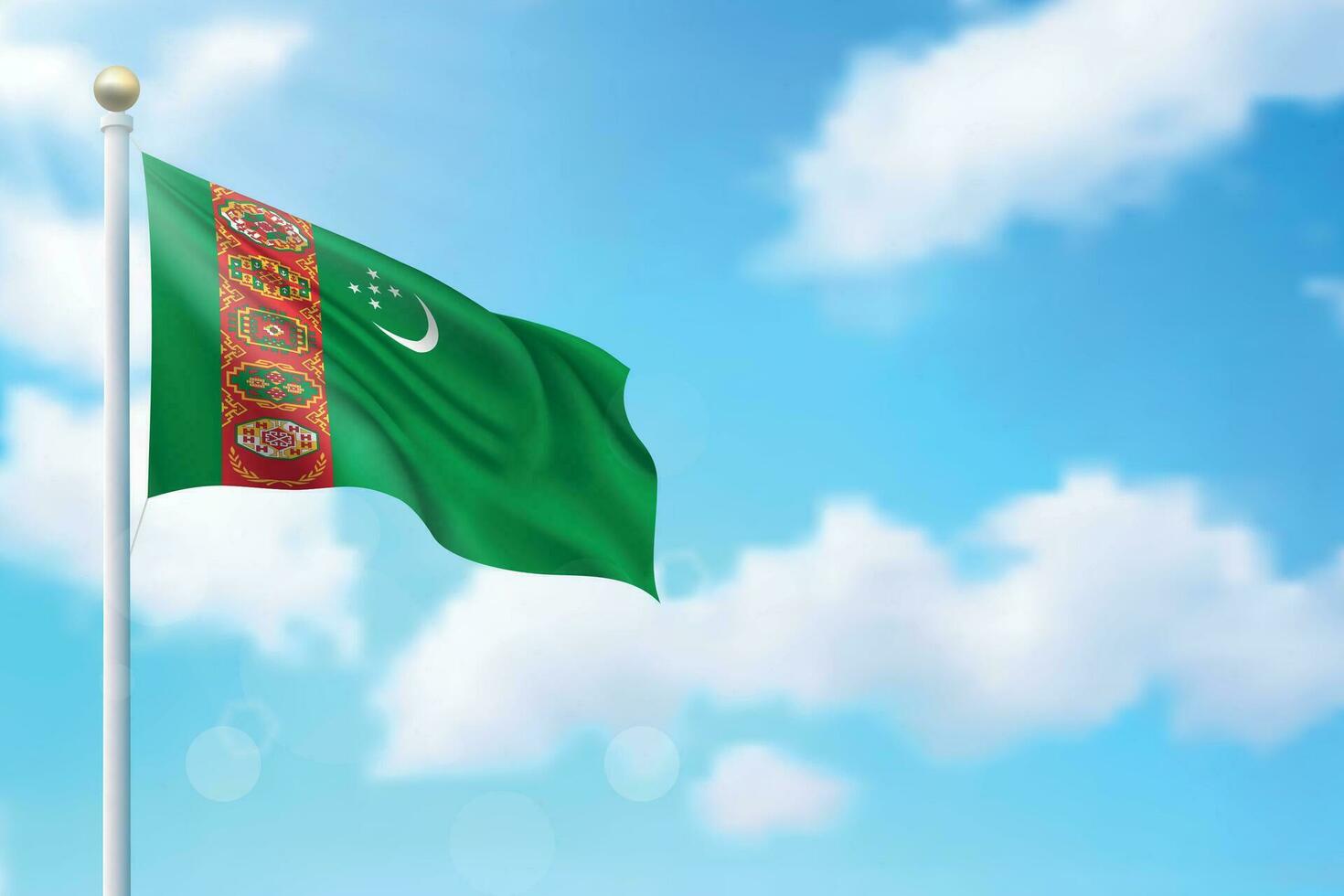 Waving flag of Turkmenistan on sky background. Template for independence vector