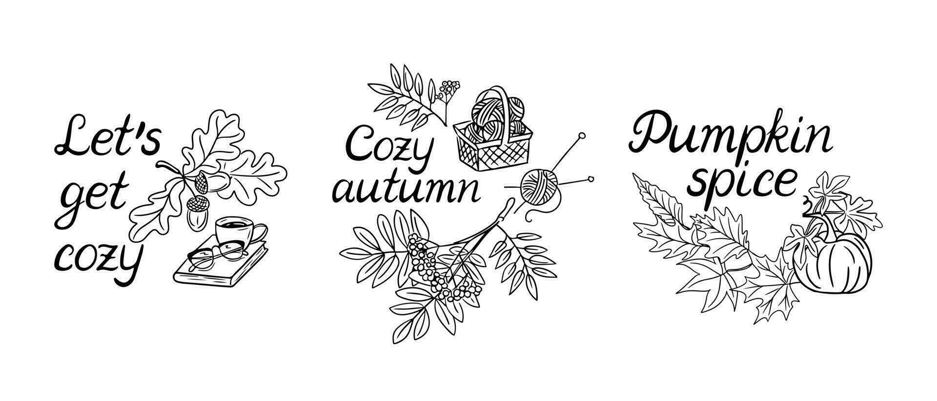 Collection of hand drawn autumn season quotes or phrases with handwritting for greeting cards, banners, posters design. Lets get cozy, cozy autumn, pumpkin spice slogans. Black doodle elements vector