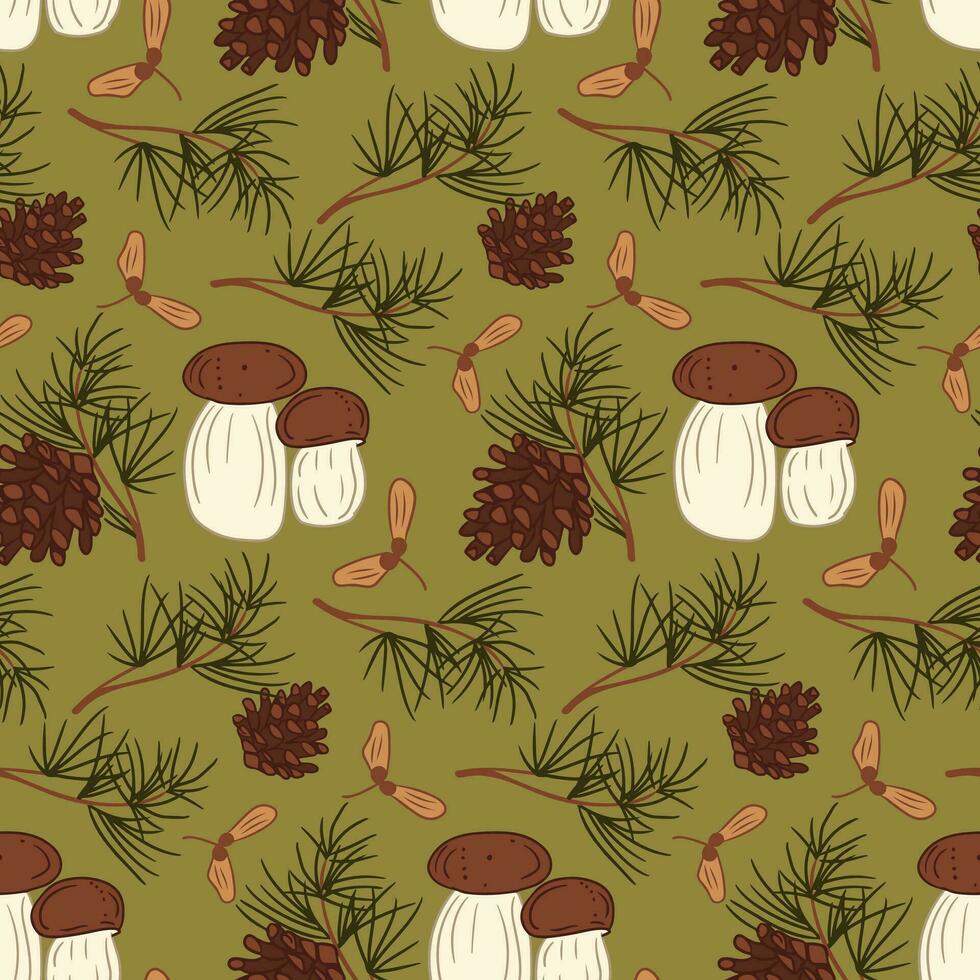 Flat hand drawn pattern with boletus, pine tree and cones. Vector cartoon autumn plants on dark green background. Autumn botany design for textile, decoration, wrapping paper, banner, social media