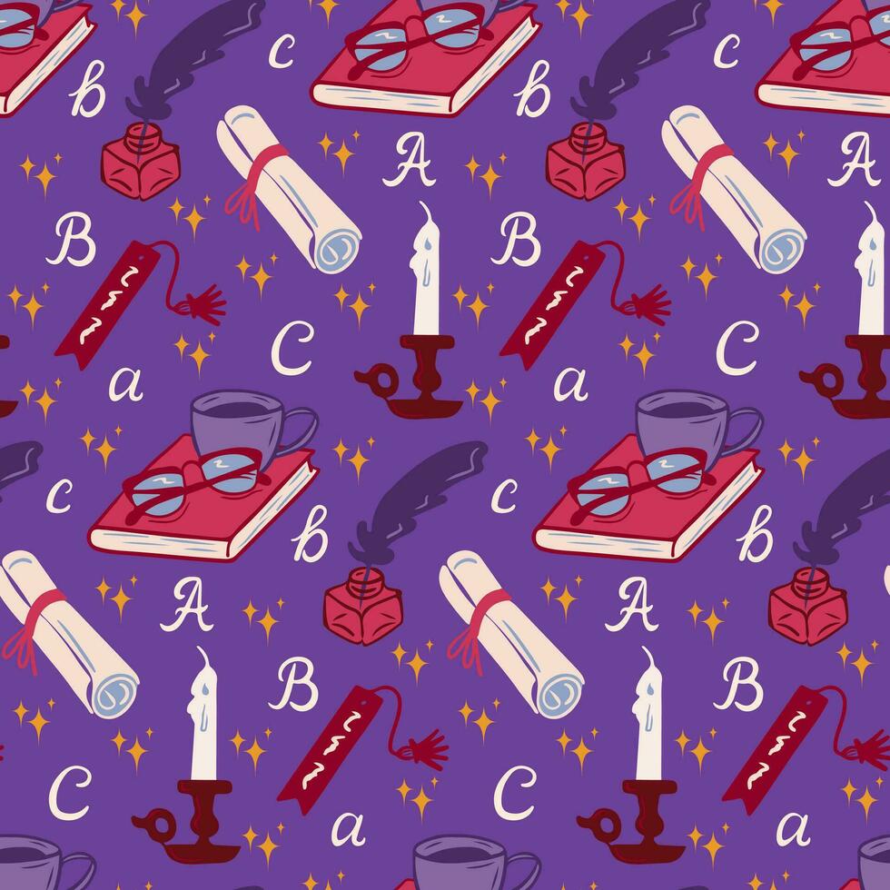 Bold retro pattern with books and handwritten letters. Cozy reading design with folio, cup of tea, candle and ink feather. Minimalistic 90s design for decoration, textile, wrapping, background, banner vector