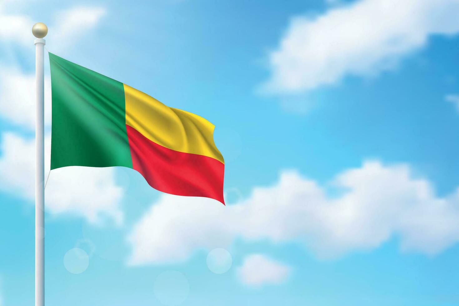 Waving flag of Benin on sky background. Template for independence vector