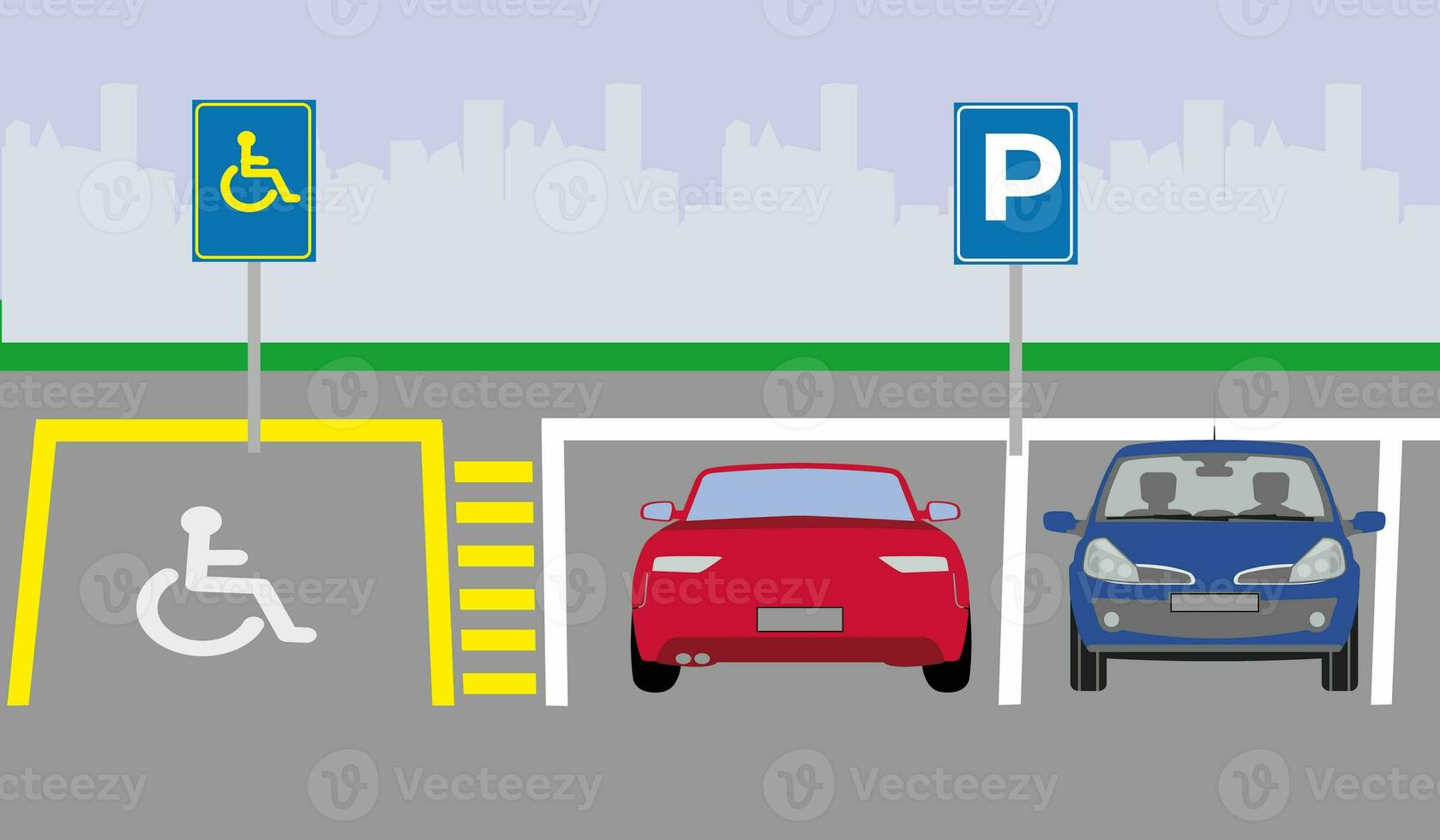 Disabled parking area. Front and back view of parked cars. illustration template. photo