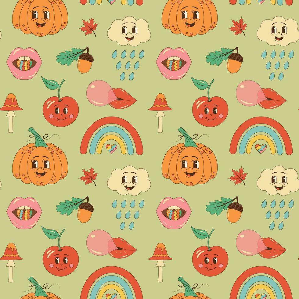 Autumn retro groovy seamless pattern. Hippie mushroom, pumpkin, apple, cloud, rainbow, lips and leaves on pastel background vector