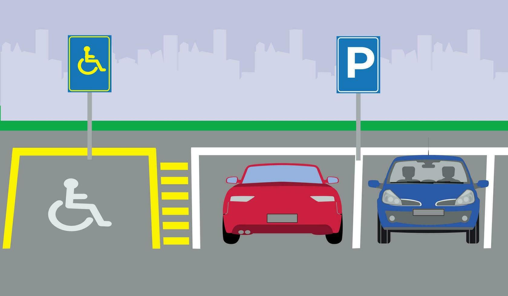 Disabled parking area. Front and back view of parked cars. Flat vector illustration template.