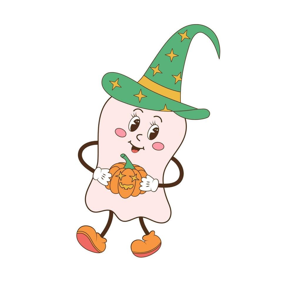 Cute groovy ghost with pumpkin. Retro 70s 60s cartoon character. Cute pink spooky baby ghost. vector