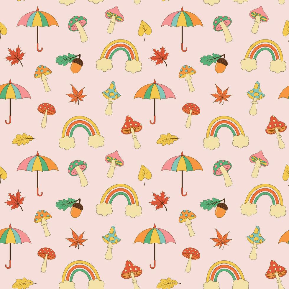 Autumn retro groovy seamless pattern. Hippie mushrooms, fall leaves, acorn, umbrella and rainbow on pastel background vector