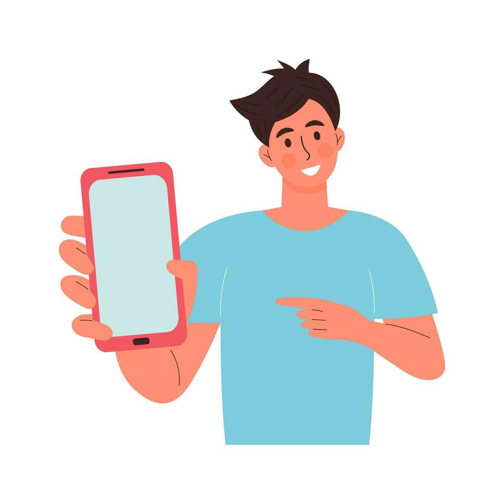 Happy young guy showing a smartphone. Man holds a mobile phone in one hand and points at it with the index finger of his other hand. Cartoon flat vector character.