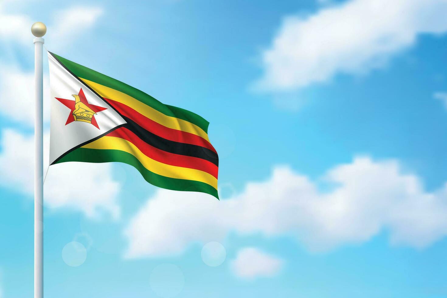 Waving flag of Zimbabwe on sky background. Template for independence vector