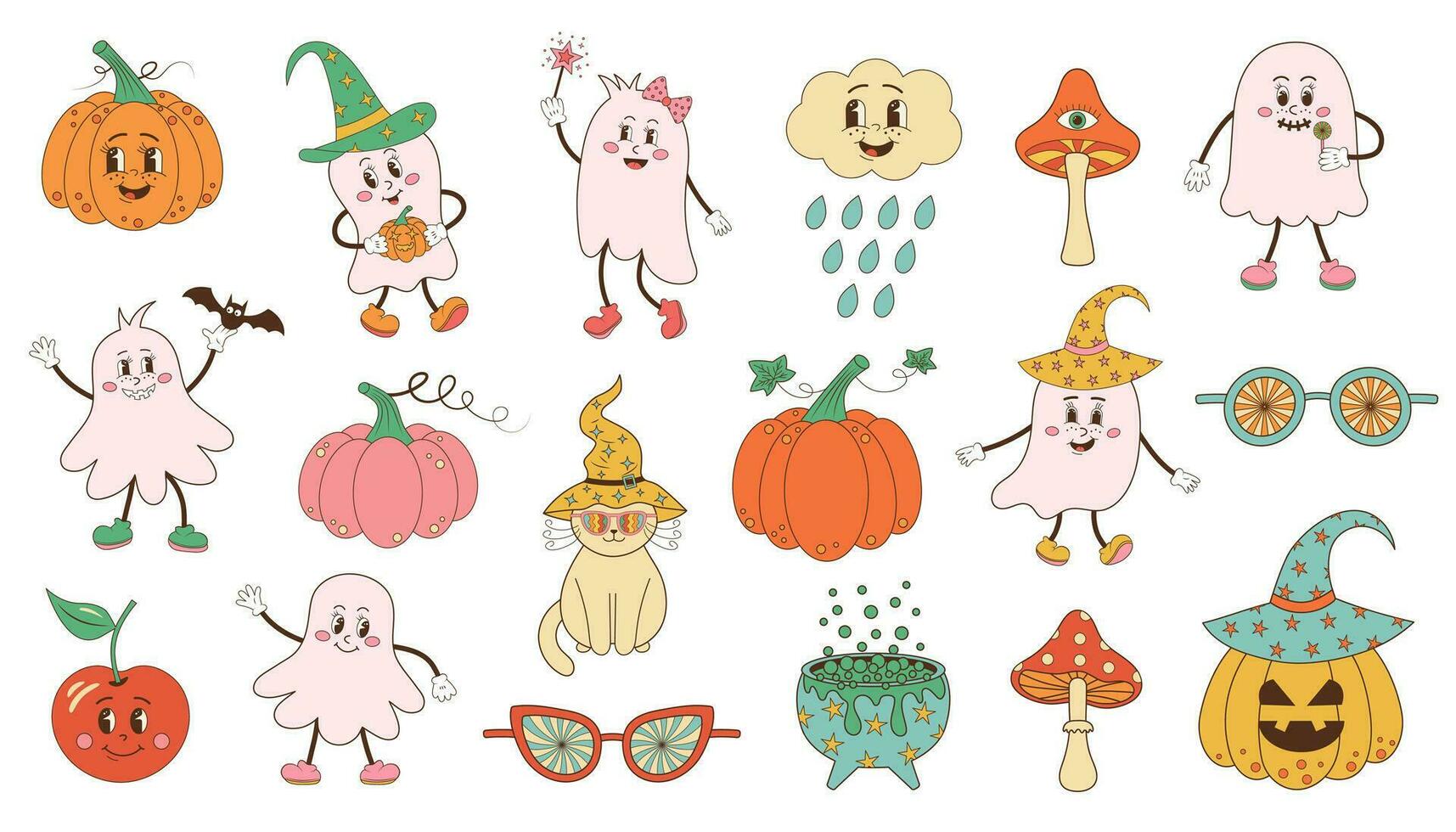 Retro 70s 60s Hippie Groovy Halloween set. Funny spooky ghosts, pumpkins, mushrooms and other vintage characters. Psychedelic collection of hippie color halloween elements. vector