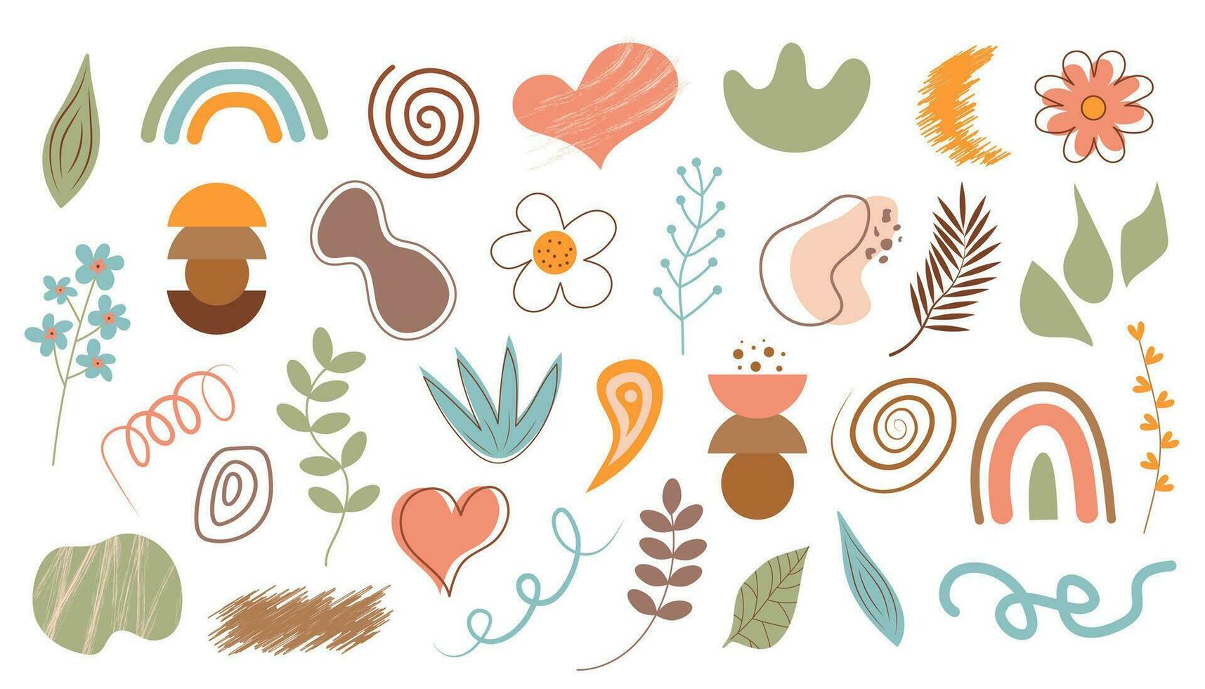Abstract boho shapes, natural textures, lines, floral forms and doodle plants. Hand draw abstract design elements in pastel color. Art form for social media stories. vector