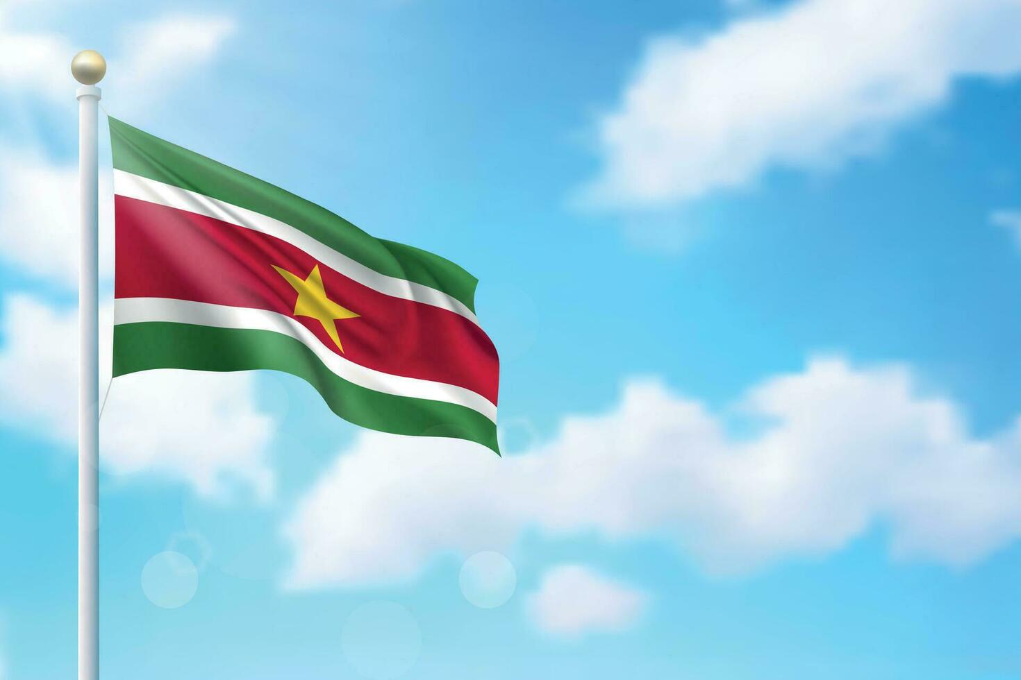 Waving flag of Suriname on sky background. Template for independence vector