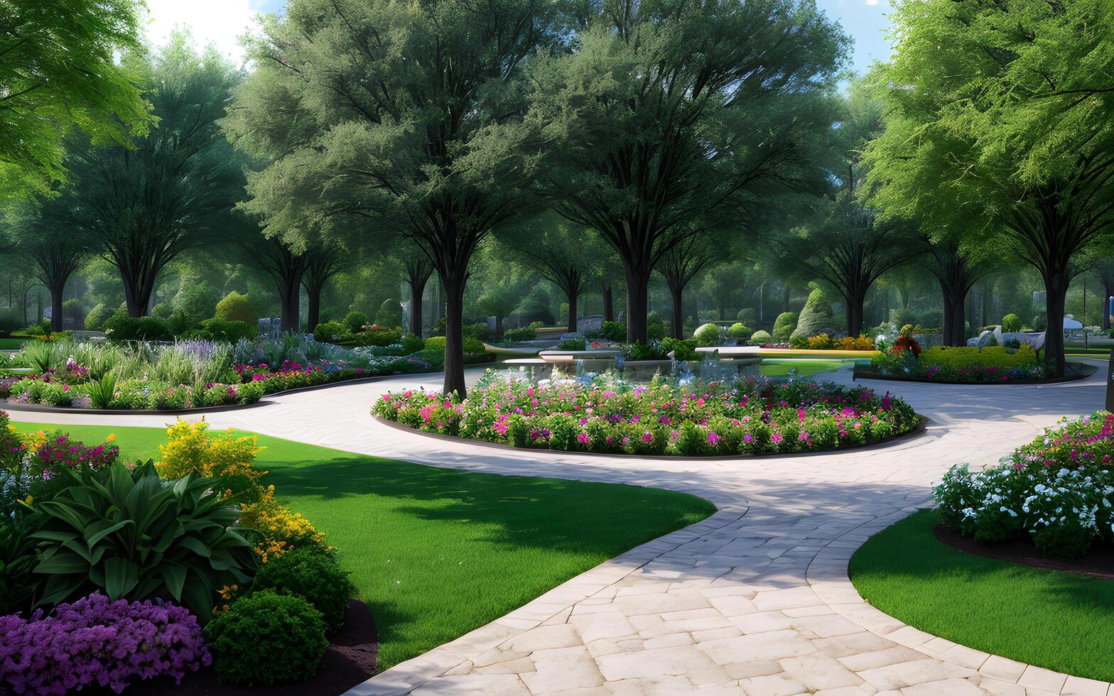 Beautiful garden park environment by green foliage of trees and flowers thrive. photo