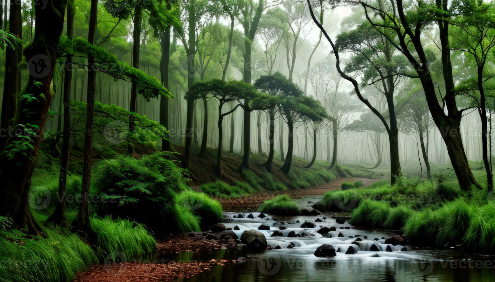 Mini River In The Green Forest Misty Morning Trees For Background Created With AI Generative photo