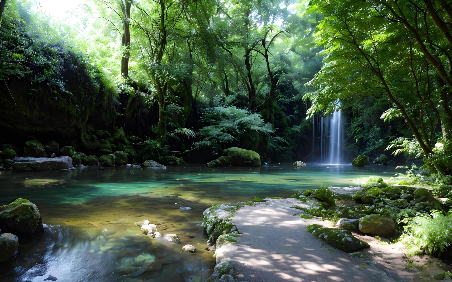 Serene river village environment by green grass foliage of trees. photo