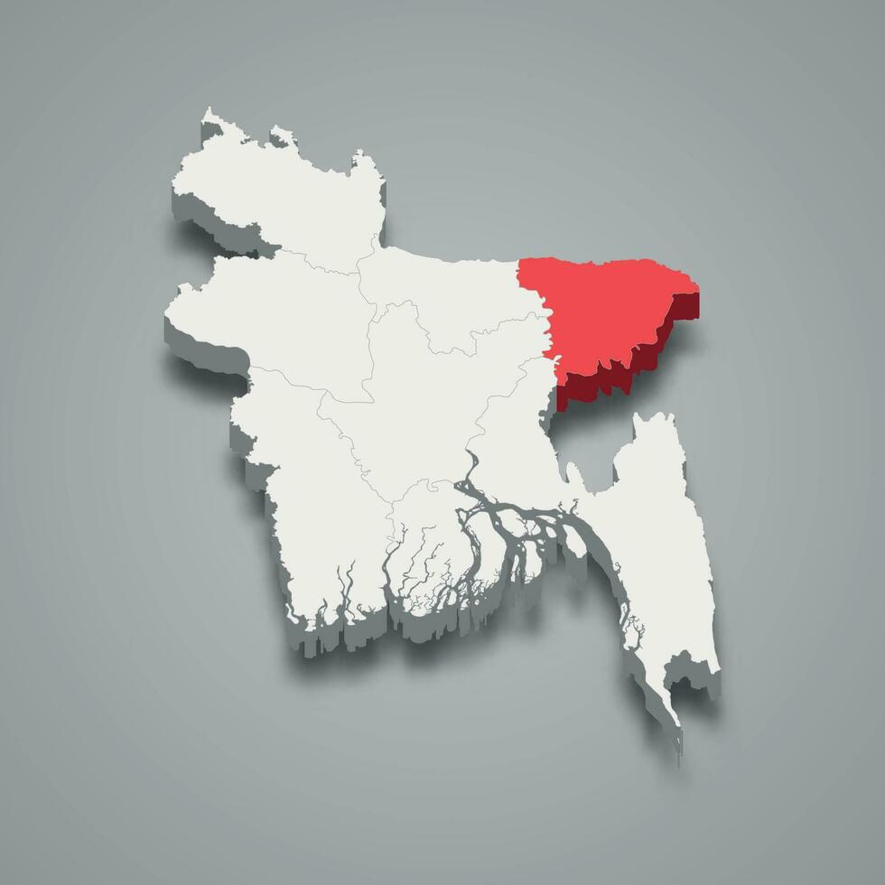 Sylhet state location within Bangladesh 3d map vector