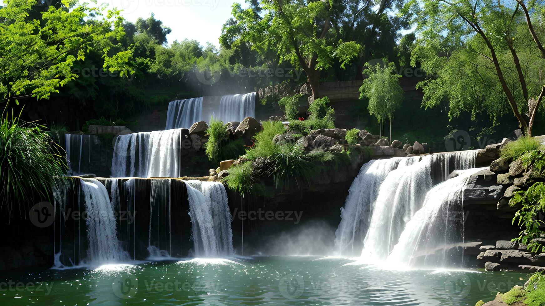 Scenic waterfall landscape in a park spring summer by green foliage of trees photo