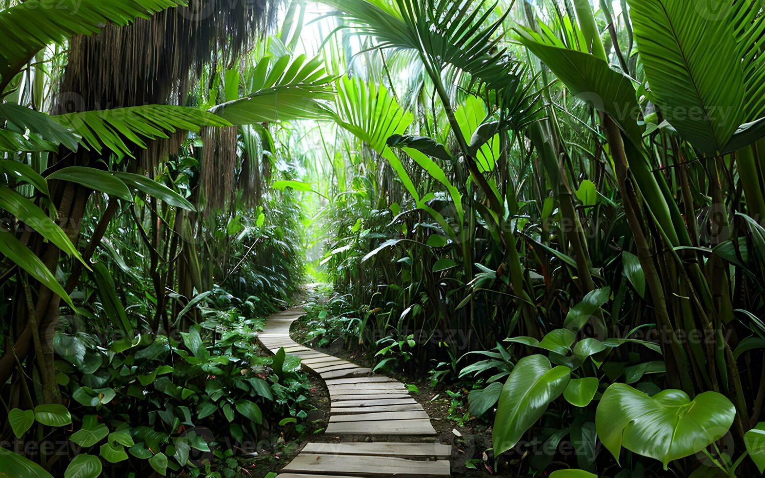 pathway in the jungle environment by green foliage of plants. AI Generative photo