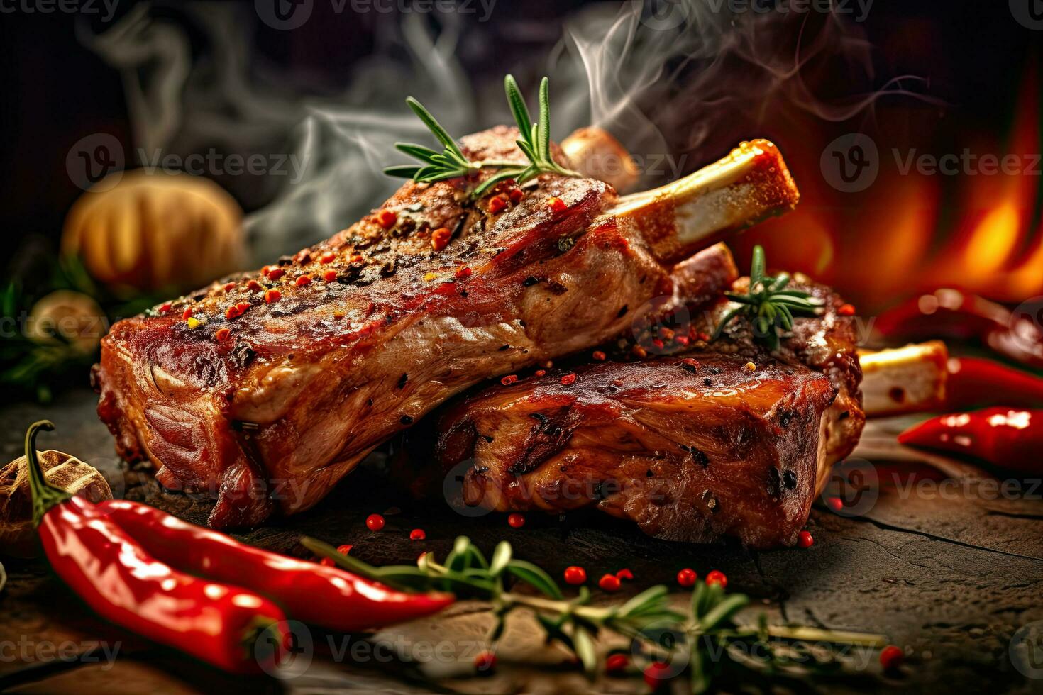 A stack of Lamb Ribs meat with smoke and pepper on the side ready to eat photo