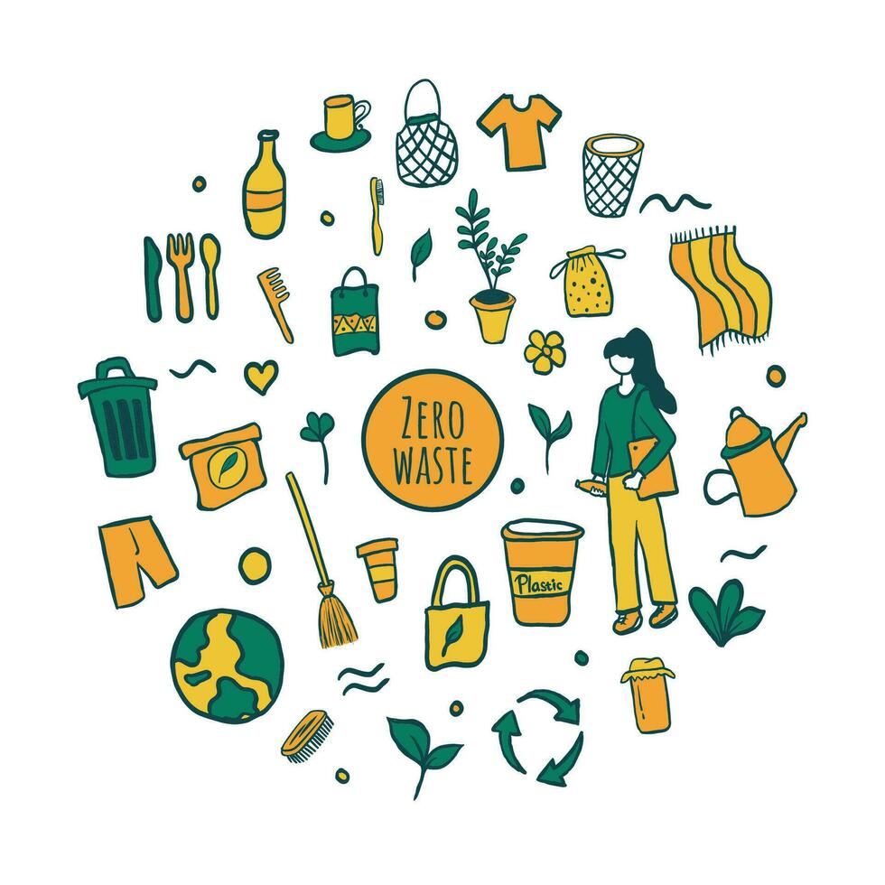 Vector illustration of zero waste concept. Hand drawn doodle icons.