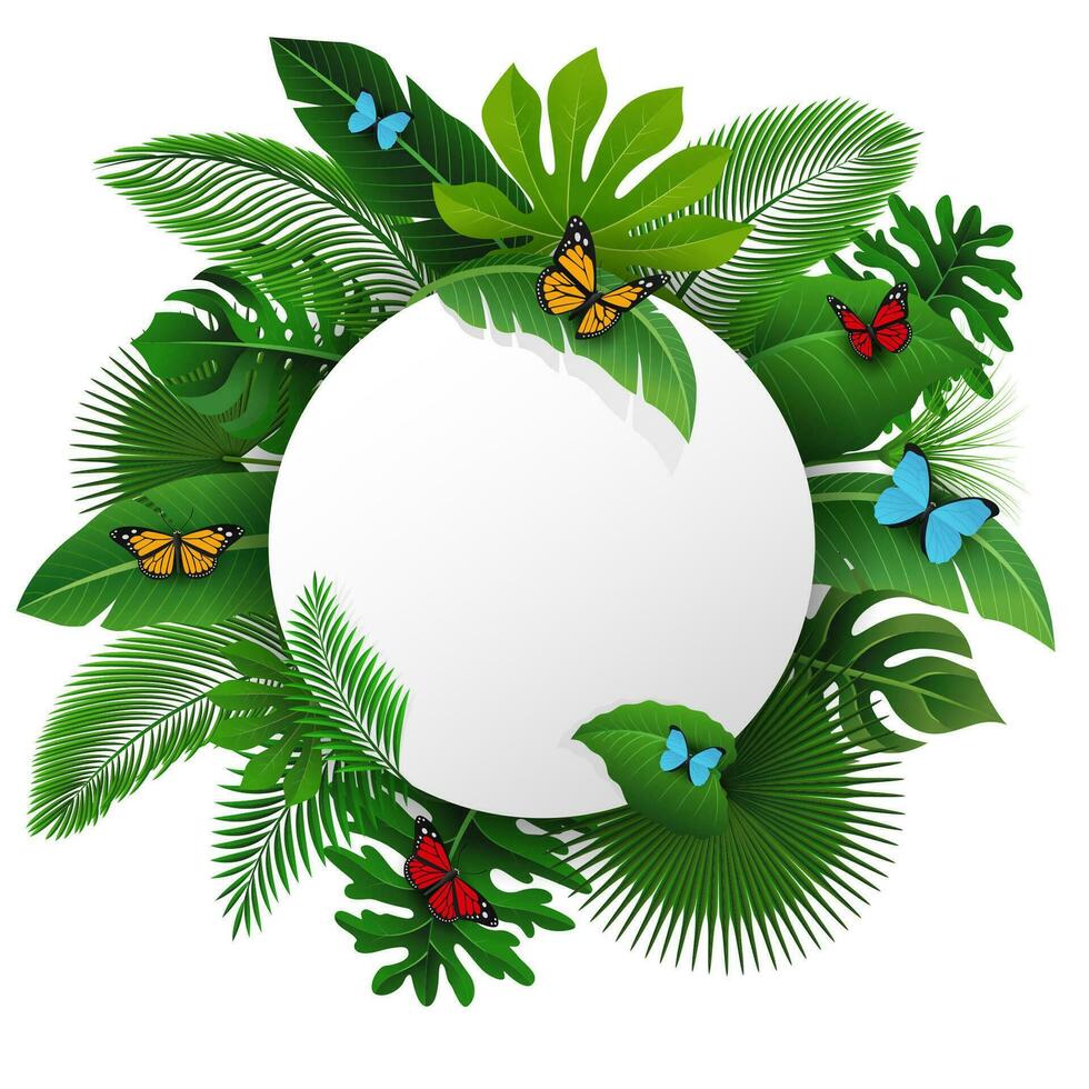 firmar con texto espacio de tropical hojas y mariposas adecuado para naturaleza concepto, vacaciones, y verano día festivo, vector ilustración