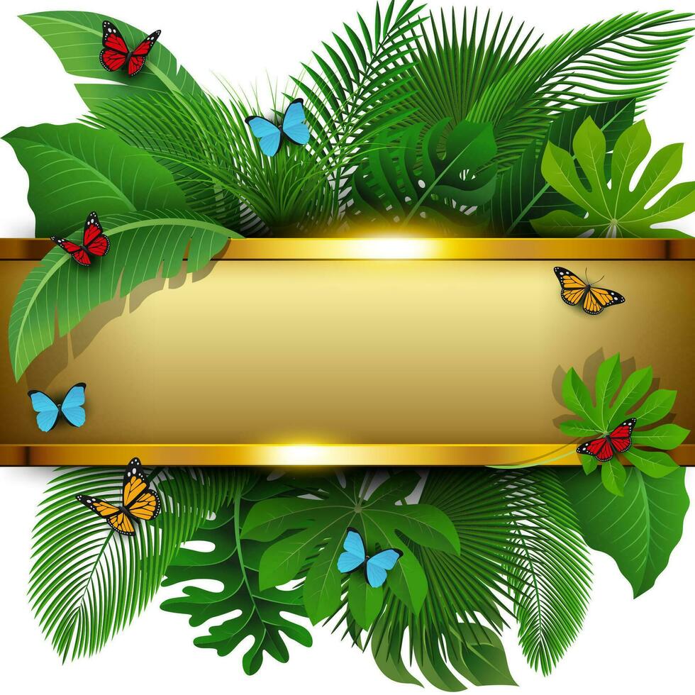 Golden Banner with Text Space of Tropical Leaves and Butterflies. Suitable For Nature Concept, Vacation, and Summer Holiday, Vector Illustration