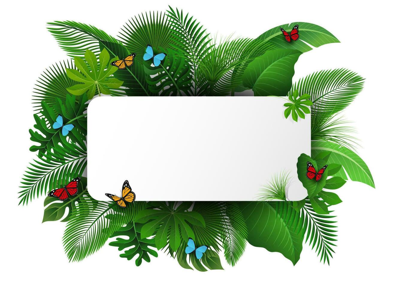 firmar con texto espacio de tropical hojas y mariposas adecuado para naturaleza concepto, vacaciones, y verano día festivo, vector ilustración