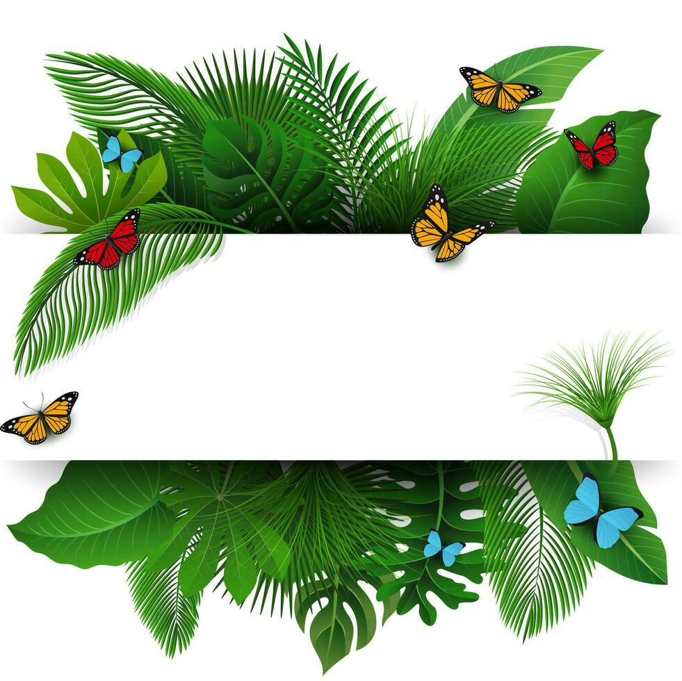 firmar con texto espacio de tropical hojas y mariposas adecuado para naturaleza concepto, vacaciones, y verano día festivo, vector ilustración