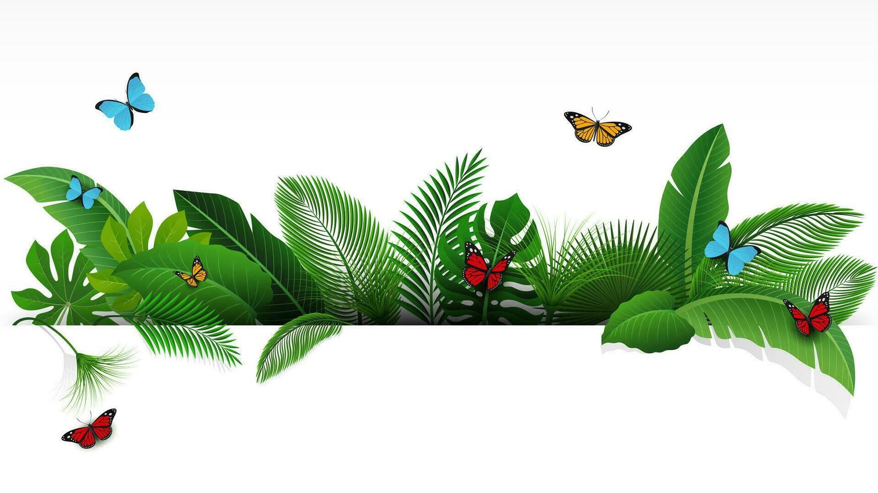 firmar con texto espacio de tropical hojas y mariposas adecuado para naturaleza concepto, vacaciones, y verano día festivo, vector ilustración