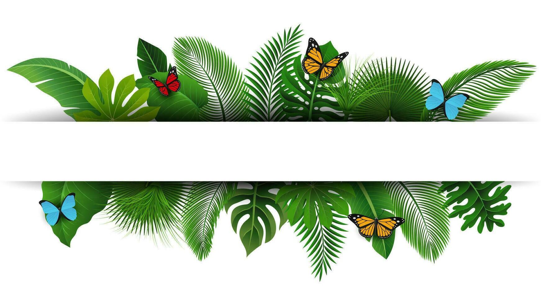 firmar con texto espacio de tropical hojas y mariposas adecuado para naturaleza concepto, vacaciones, y verano día festivo, vector ilustración