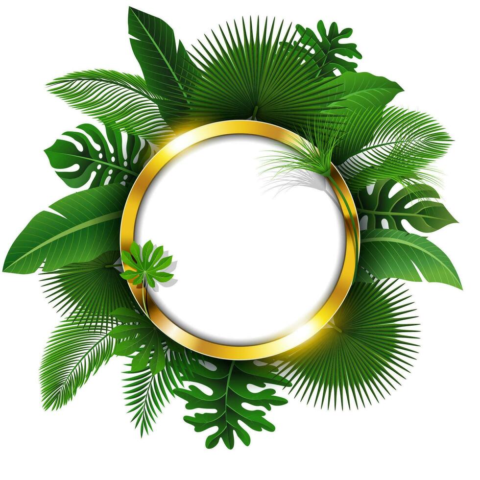 Round Golden Banner with Text Space of Tropical Leaves. Suitable For Nature Concept, Vacation, and Summer Holiday, Vector Illustration