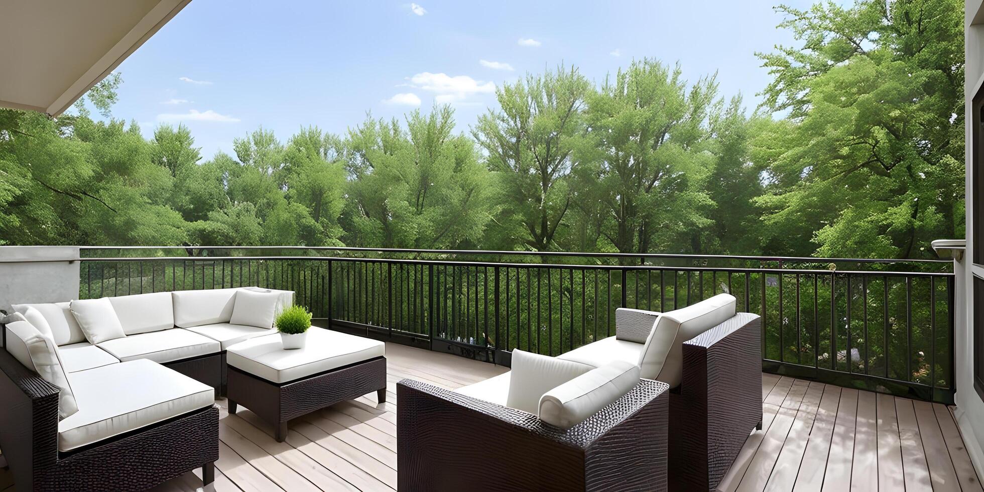 Outdoor restaurant house terrace exterior by green foliage of trees around the nobody chairs. photo