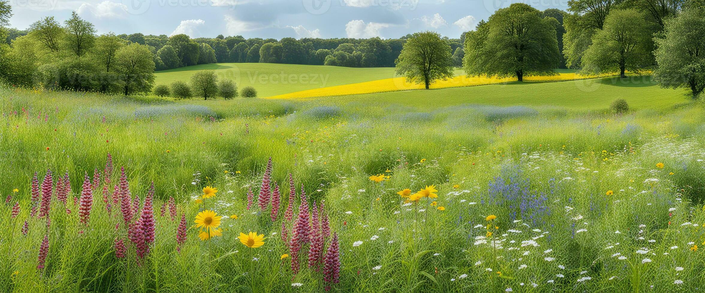 paisaje concepto antecedentes hermosa prado campos en Hora de verano creado con ai generativo foto