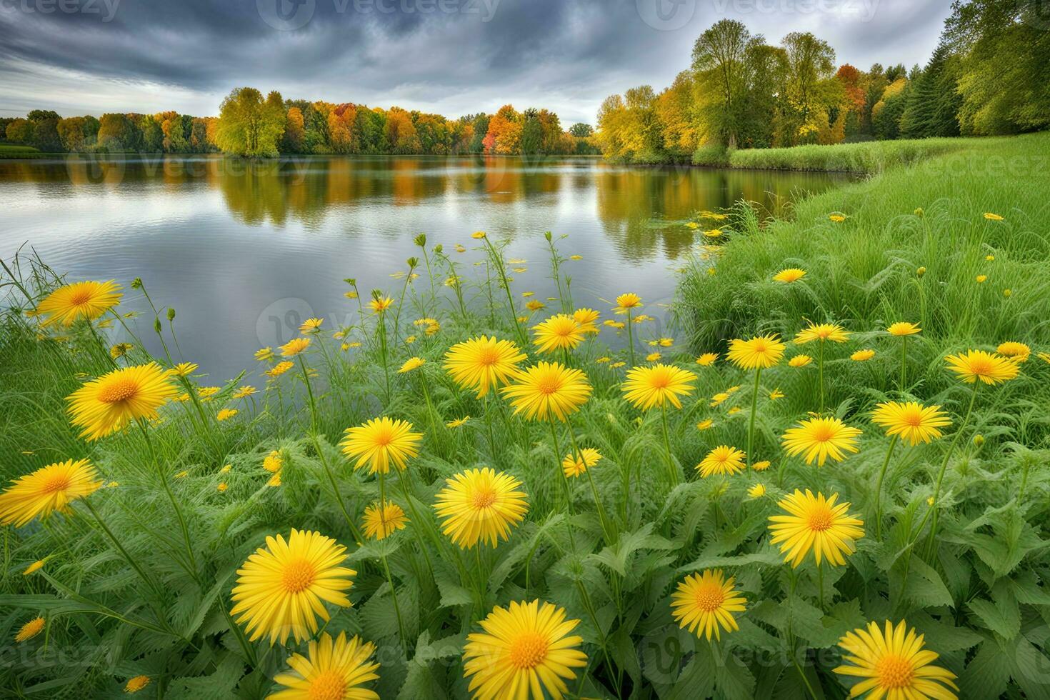 Stunning landscape reflection with yellow blooming flower in the foreground created with ai generative photo