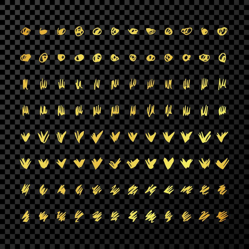 Set of doodle style various marker borders and strokes. Gold hand drawn design elements on dark background. Vector illustration