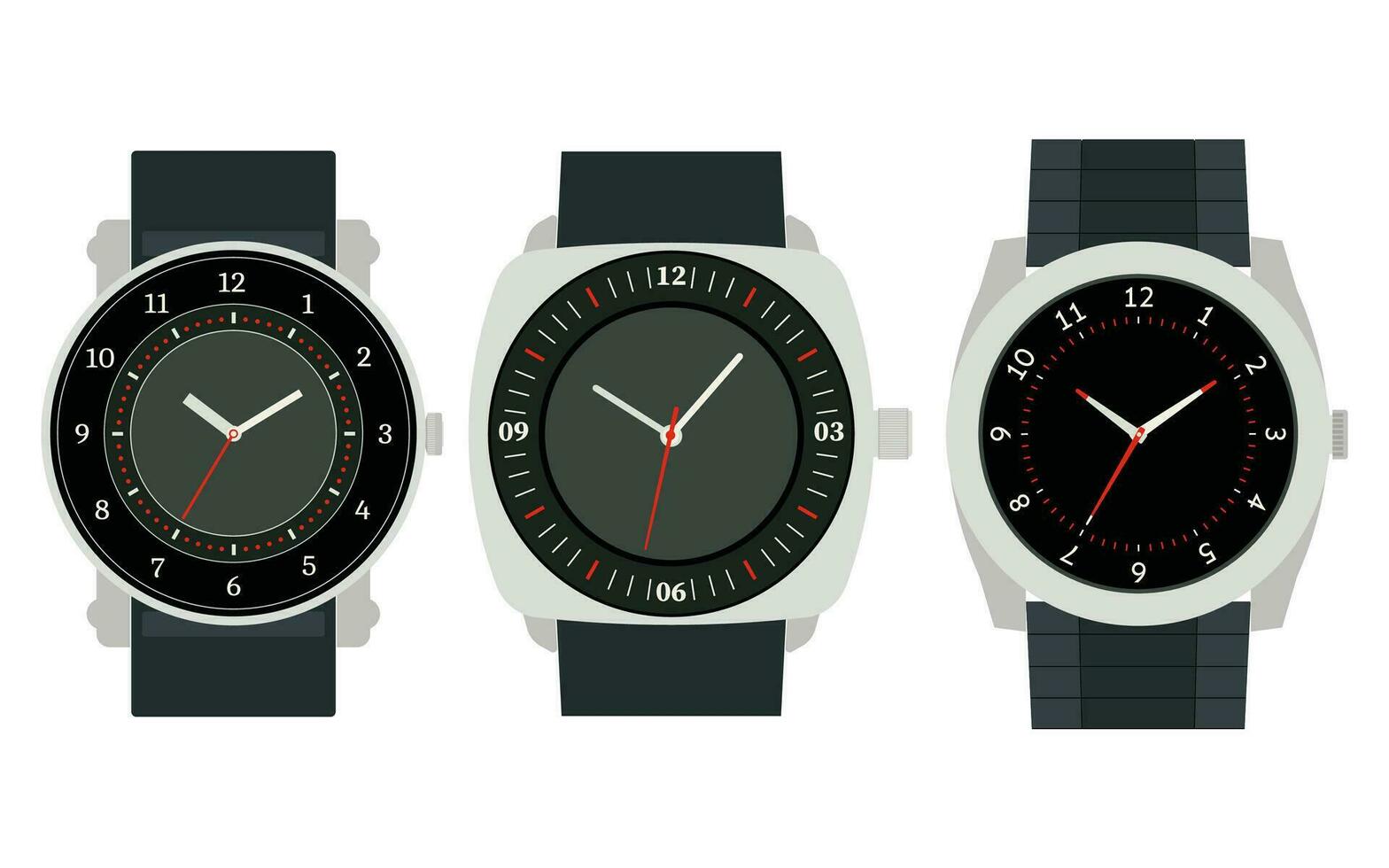 Set of three mechanical watches. Vector illustration