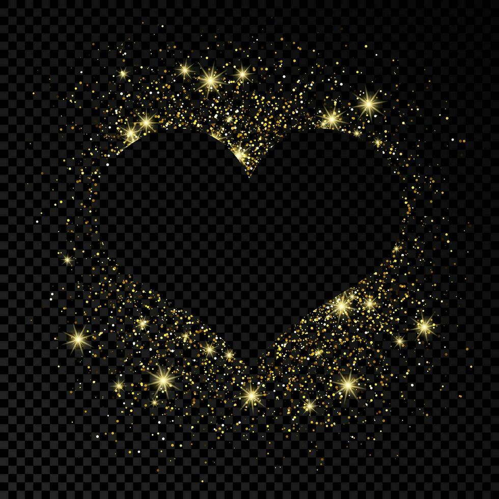 Heart shape frame with golden glitter on dark background. Greeting card with empty dark background. Vector illustration.