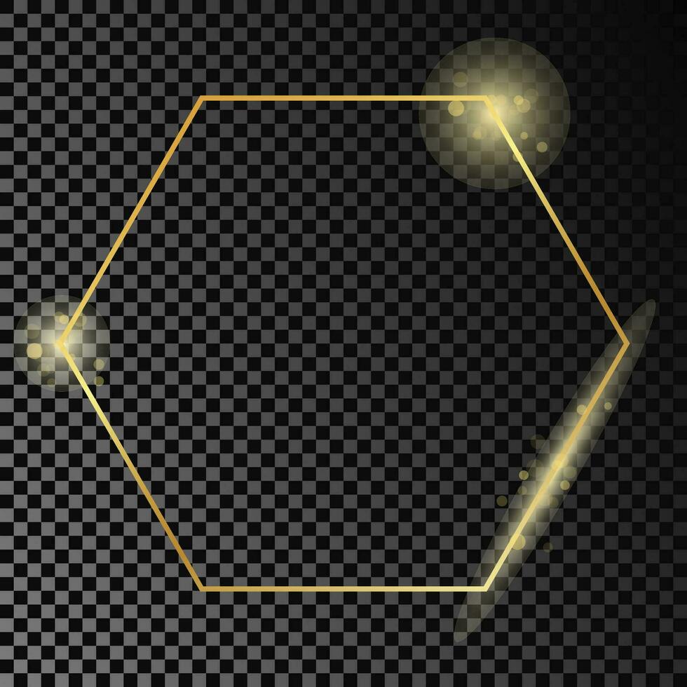 Gold glowing hexagon frame isolated on dark background. Shiny frame with glowing effects. Vector illustration.