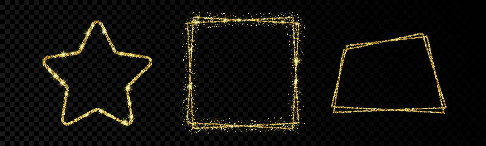 Shiny frames with glowing effects. Set of three glitter star, double square and double trapezoid frames on background. Vector illustration