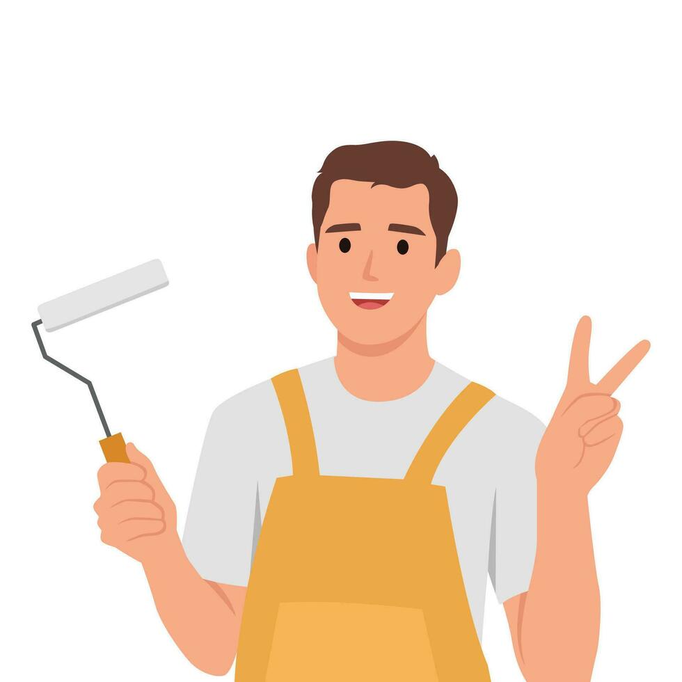 Man professional wall painter, he is dressed in working clothes and giving peace sign. vector