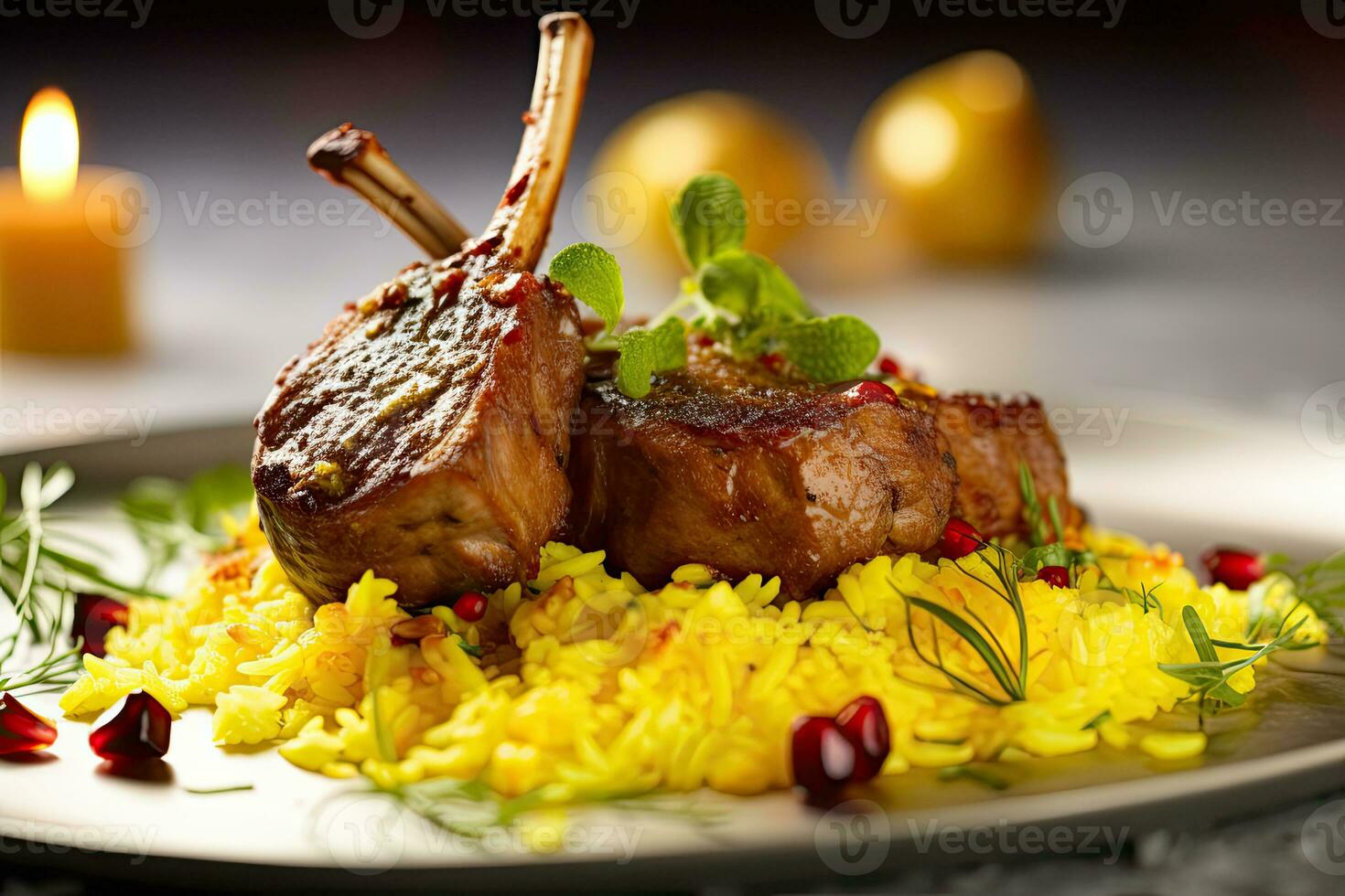 Lamb Shank Biryani Rice with lemon and mint on top Generative AI photo