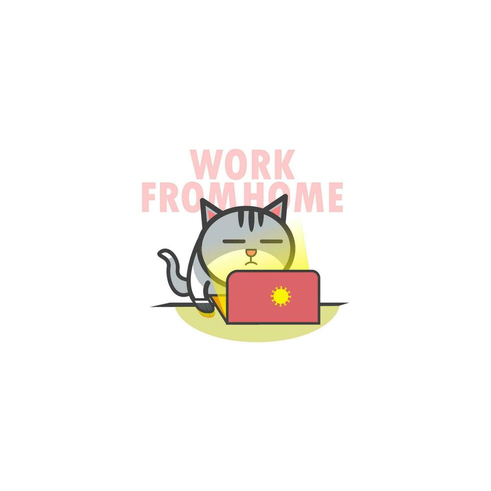 cat work from home cartoon illustration vector