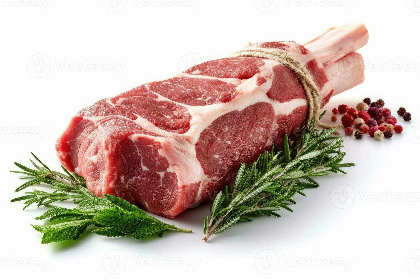 Lamb Ribs meat and herbs isolated on white, Generative AI photo