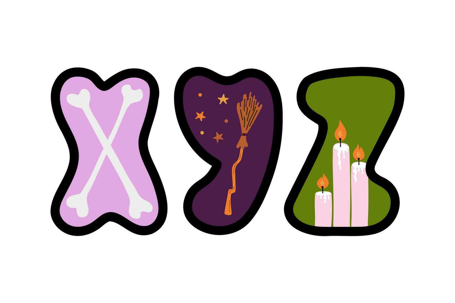 Halloween English alphabet. XYZ letters in flat cartoon style. Abc with bones, broom, stars and candles vector