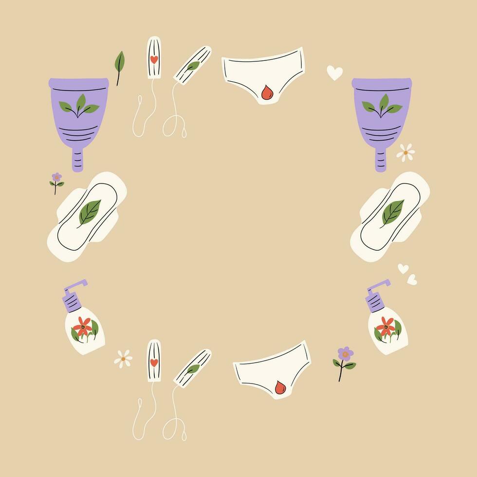 Frame with feminine hygiene products during menstruation.  Vector illustration in hand drawn style