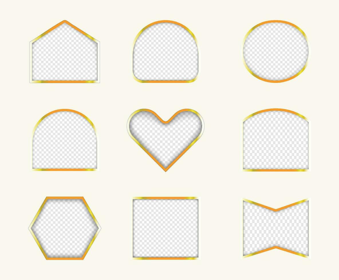 Set of different photo frames with golden border, mock up, vector template for pictures