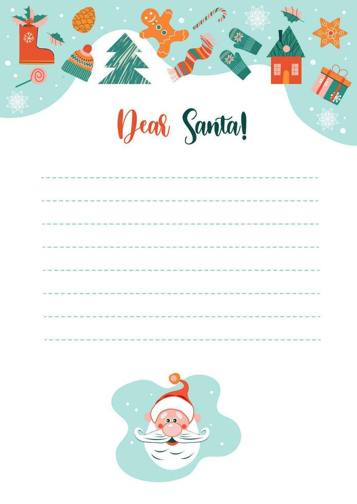 Christmas letter from Santa Claus template. Sheet of paper with hand-drawn Christmas decoration. Layout in A4 size. Vector illustration.