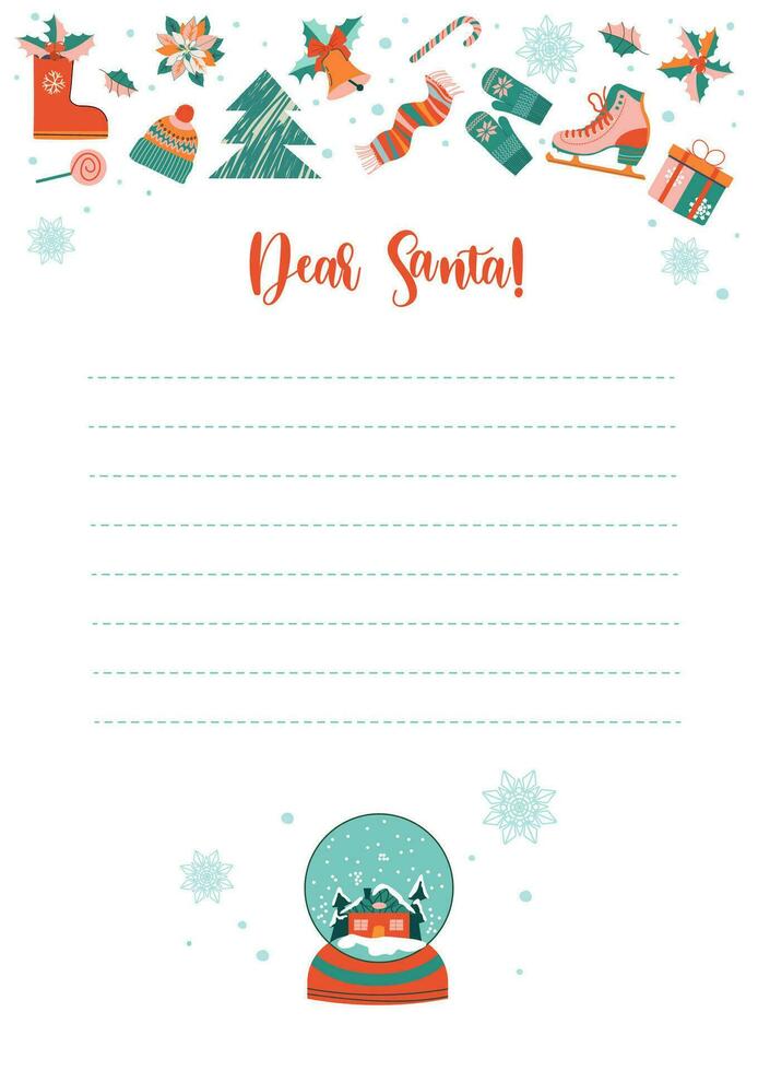 Christmas letter from Santa Claus template. Sheet of paper with hand-drawn Christmas decoration. Layout in A4 size. Vector illustration.