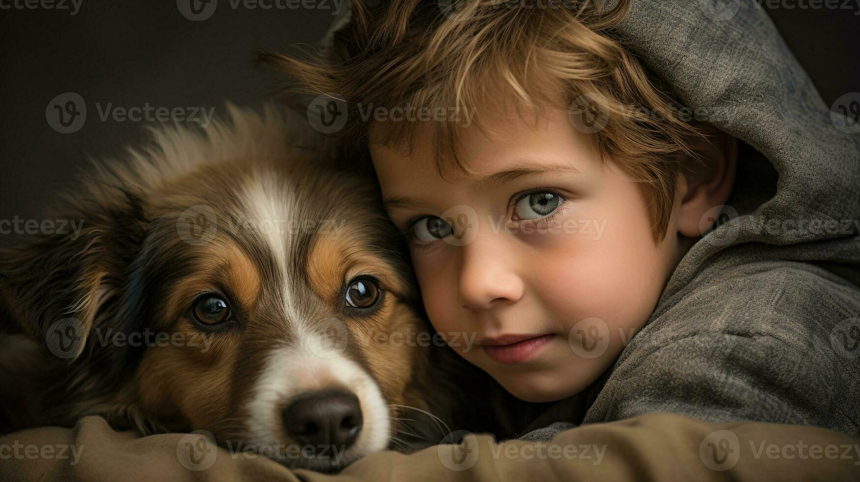 selfie photo of a little boy with his dog  . Generative AI
